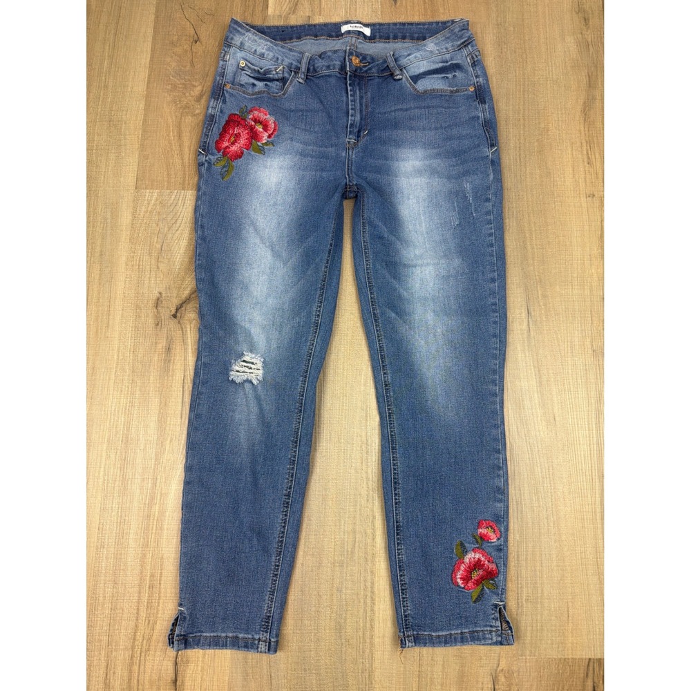 Kensie Jeans Womens 10/30 Blue Floral Embroidered Distressed Skinny Jeans Slit